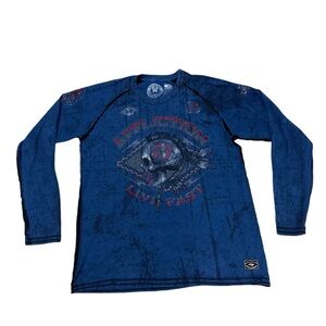 Affliction Double Sided Grunge Shirt Mens 2XL Blue Black Skull Biker